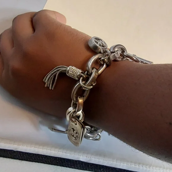Michael Kors Silver Tone Pave White Crystal Charm Bracelet 8 Long
